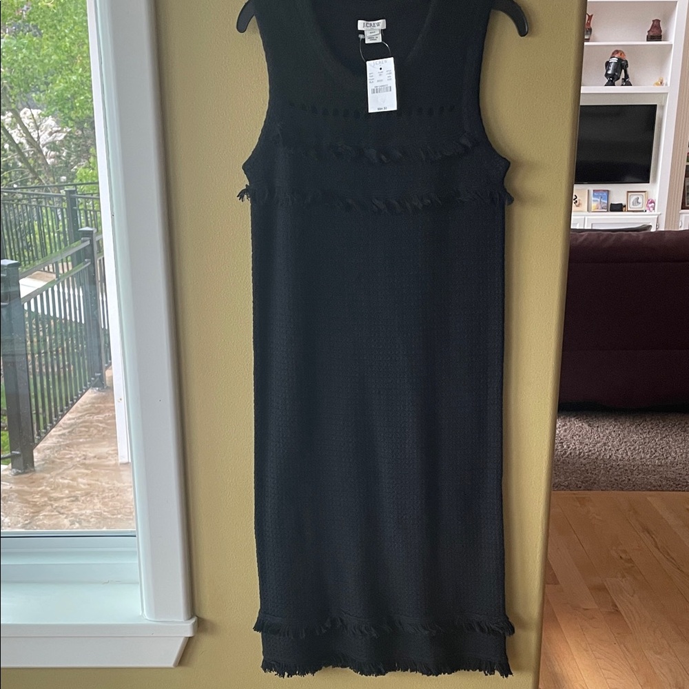 NWT J. Crew Black Sleeveless Knit Fringe-Trim Midi Dress